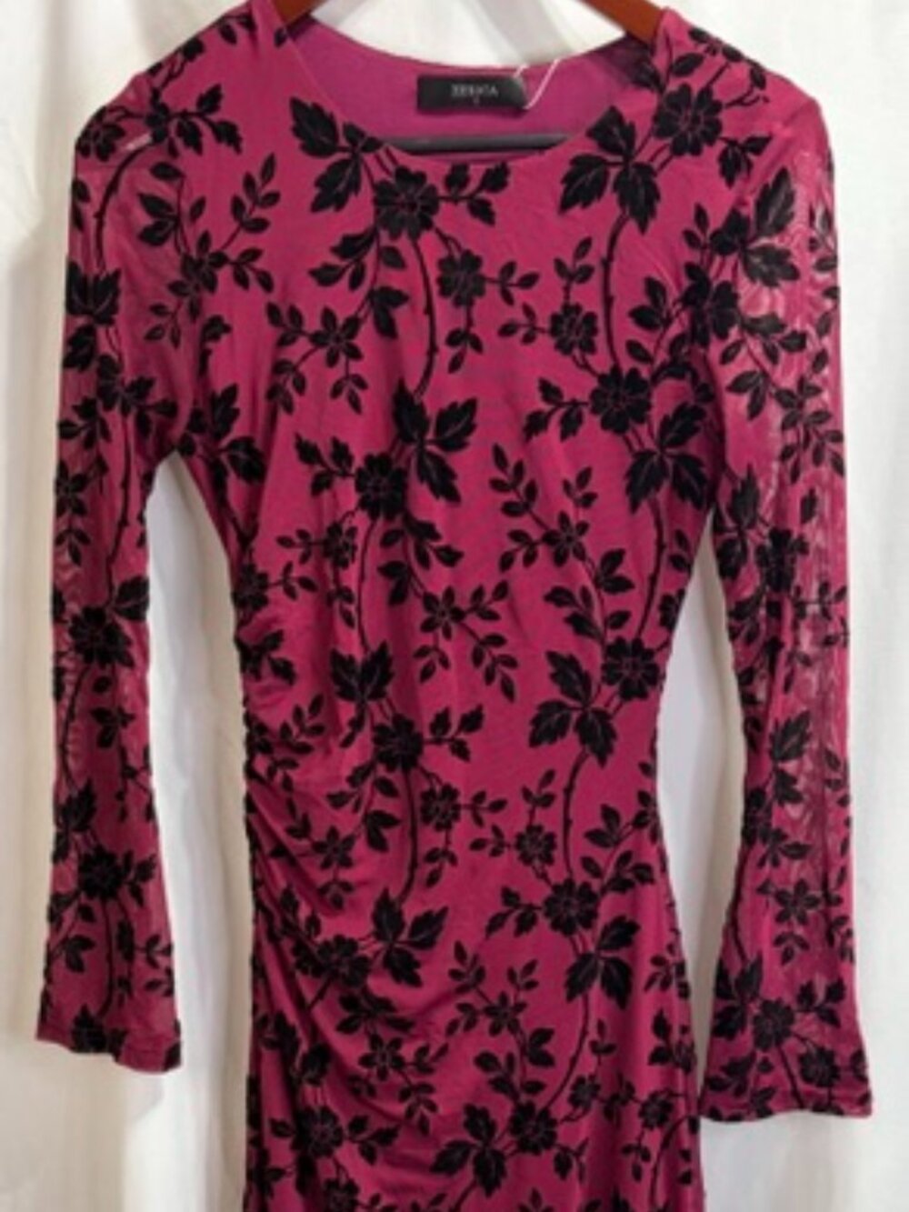 NWT ZESICA Magenta Black Floral Mesh Ruched Long Sleeve Midi Dress S